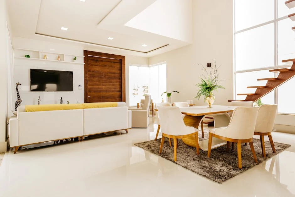 Salon lumineux aux tonalités chaleureuses avec design contemporain